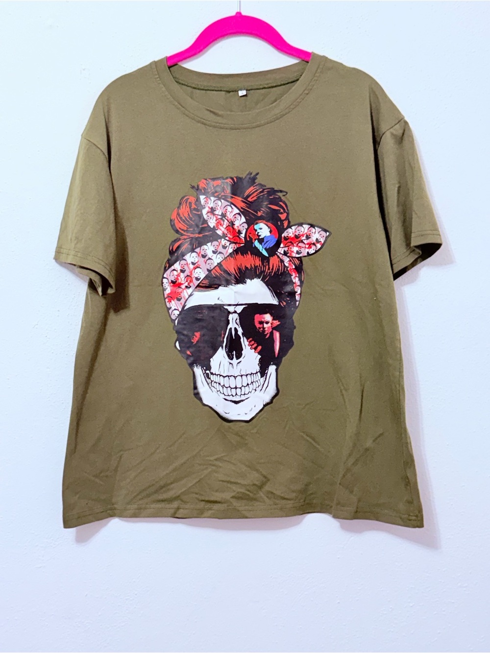 Skull Bandana Graphic Tee - Olive Green